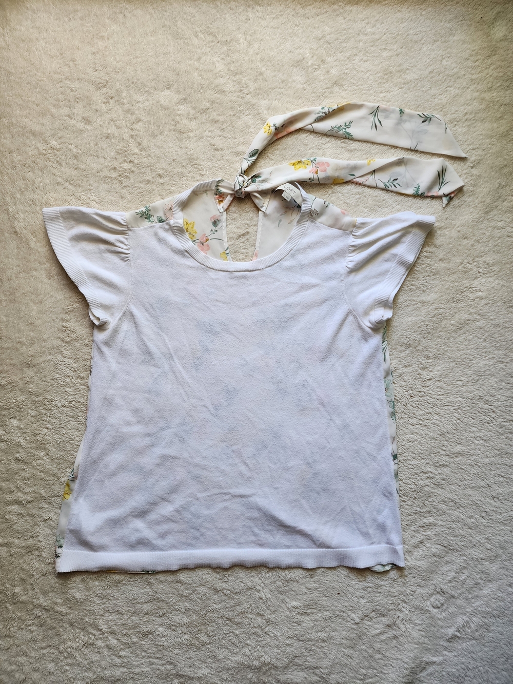 LOFT White Short Sleeve Tee with Floral Scarf Neck Tie